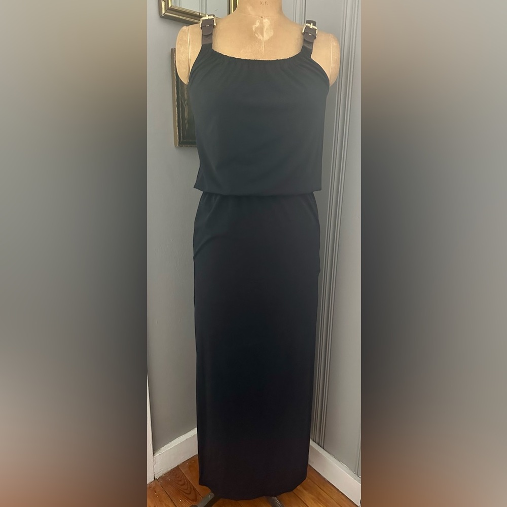 Michael Kors Black Maxi Dress with Elastic Waist & Leather Buckle Straps